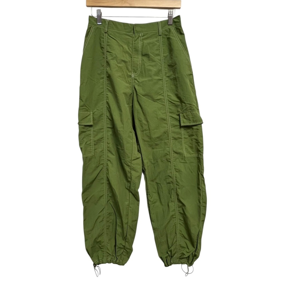 Beige Botany Cargo Pants Medium Green Nylon Parachute Jogger Drawstring Hem